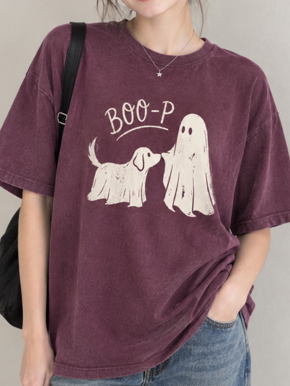 Boo-P Dog Ghost Halloween Nose Boop Vintage Maroon T-Shirt